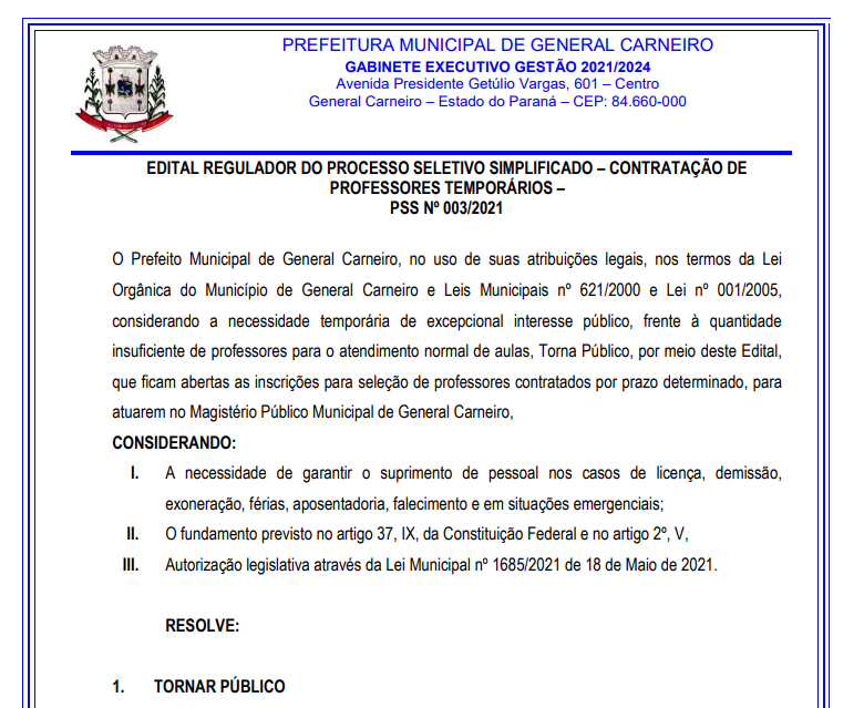 PROCESSO SELETIVO SIMPLIFICADO – CONTRATAÇÃO DE PROFESSORES TEMPORÁRIOS – PSS Nº 003/2021