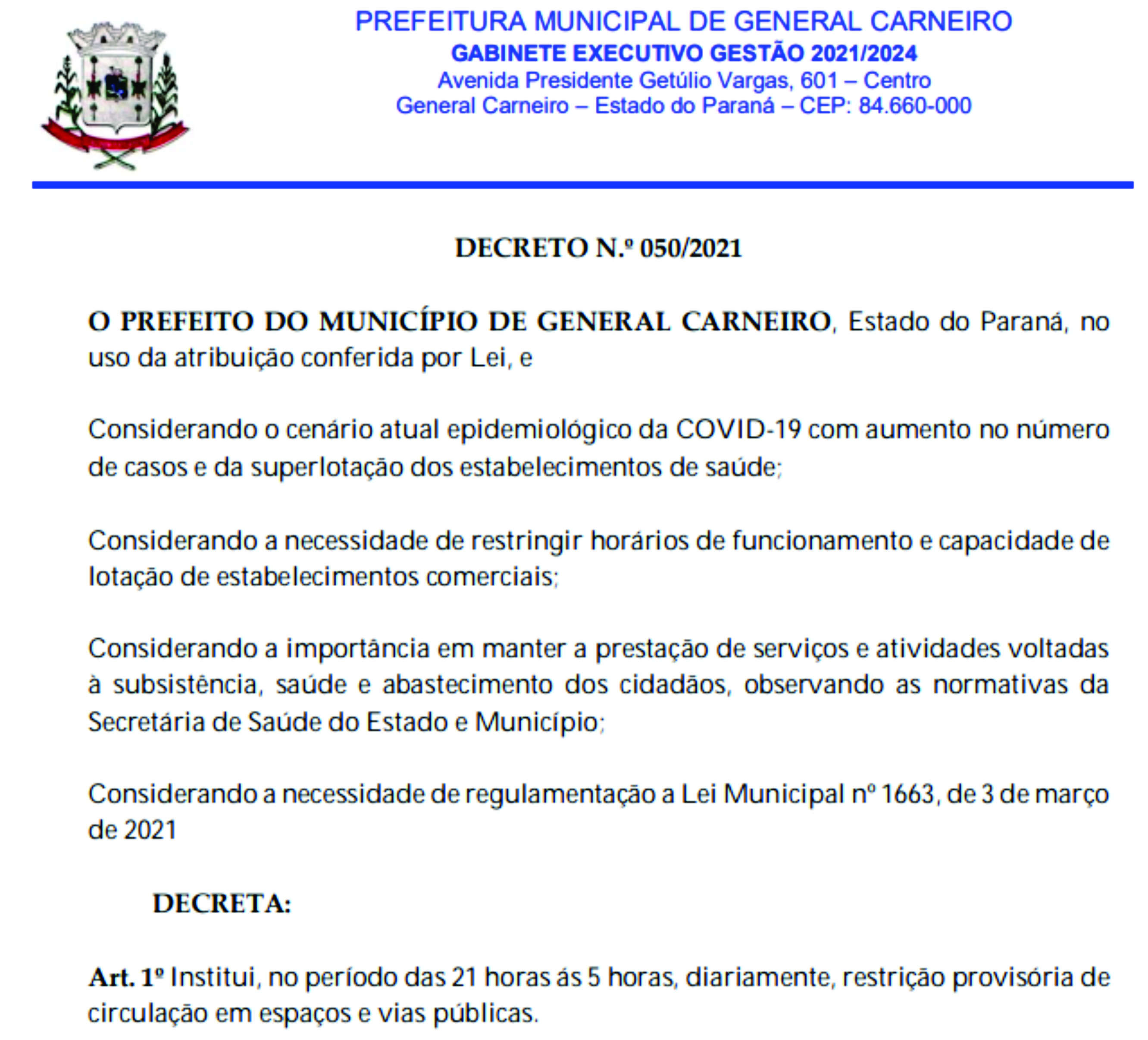 Decreto 050/2021 Toque de recolher até 17/03