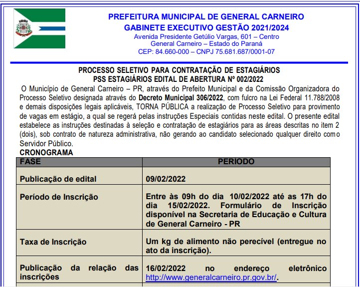 PROCESSO SELETIVO PARA CONTRATAÇÃO DE ESTAGIÁRIOS PSS ESTAGIÁRIOS EDITAL DE ABERTURA Nº 002/2022