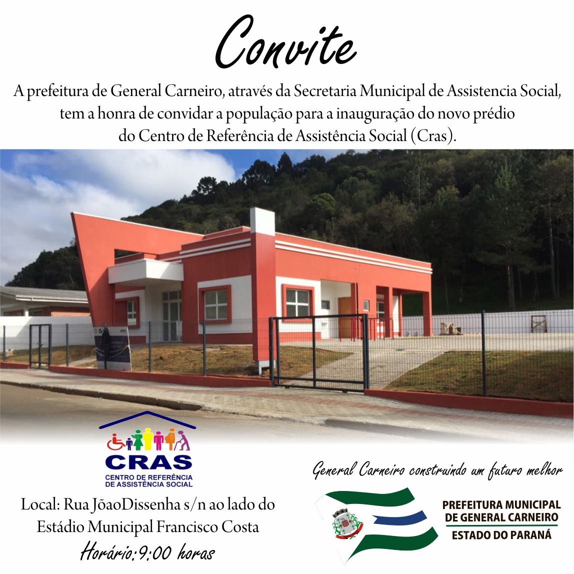 Convite para Inauguração do novo prédio do CRAS em General Carneiro