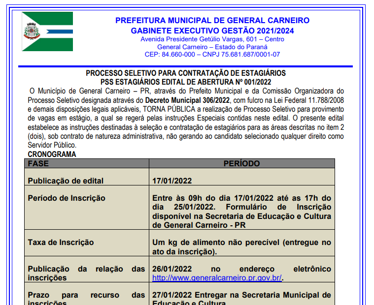 PROCESSO SELETIVO PARA CONTRATAÇÃO DE ESTAGIÁRIOS PSS ESTAGIÁRIOS EDITAL DE ABERTURA Nº 001/2022