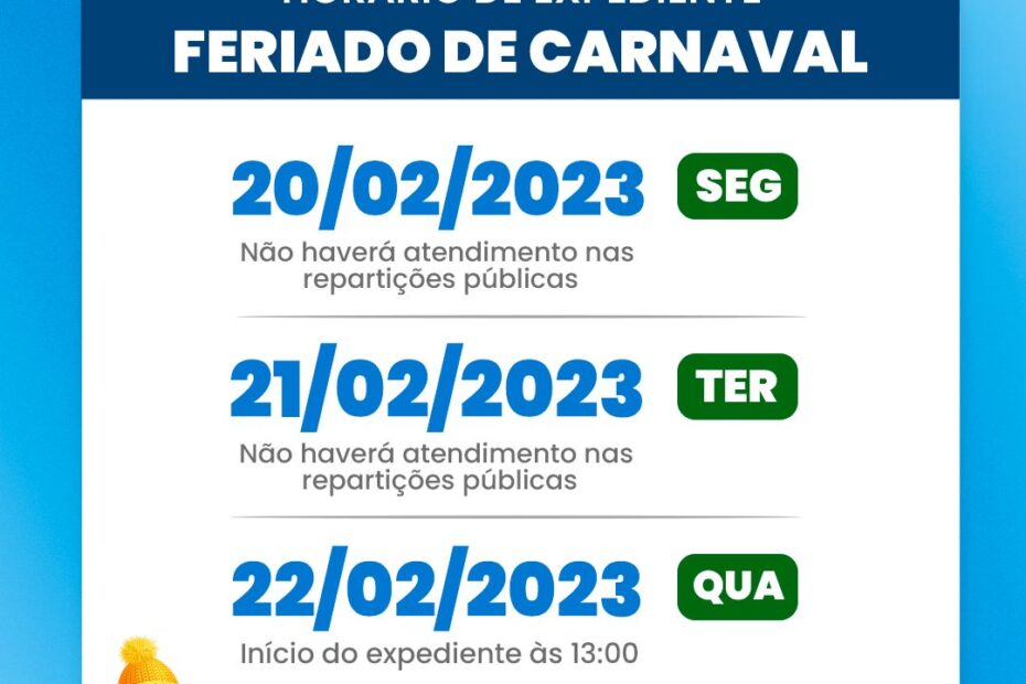 Prefeitura de General Carneiro divulga horário de expediente para feriado de Carnaval.