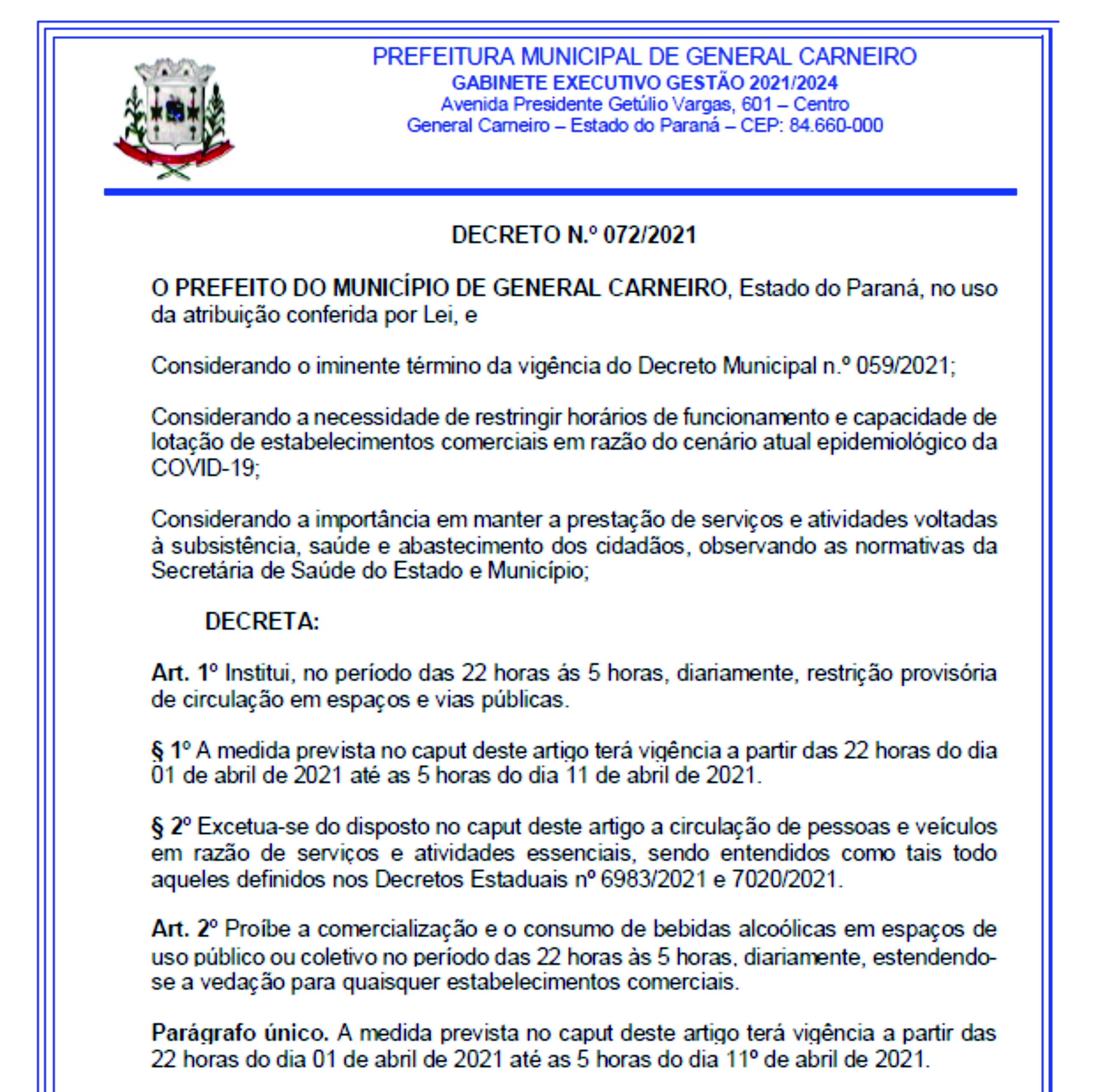 Decreto 072 31/03/2021